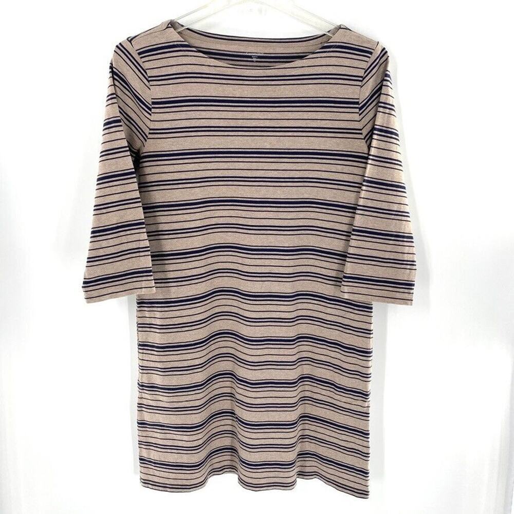 Garnet Hill Womens Striped Organic Cotton Shift Dress Sz 12 Brown Blue Boat Neck